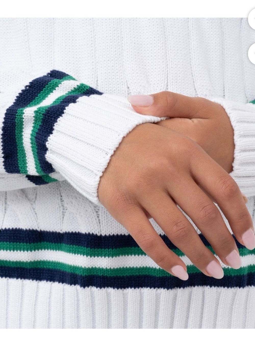 Wilson White Cable-Knit V-Neck Sweater with Green & Navy Stripes - Picture 5 of 11